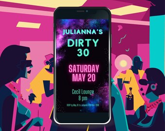 Invitación de neón retro de Dirty Thirty: invitación a fiesta, plantilla animada editable para invitación por teléfono, redes sociales o correo electrónico