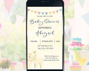 Llama Baby Shower - Invitación digital, plantilla animada editable para invitación por teléfono, redes sociales o correo electrónico