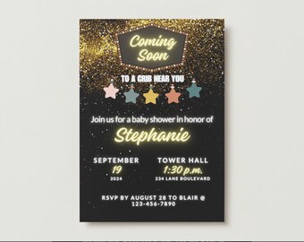 Próximamente invitación al baby shower Marquee - Descarga digital o impresión bajo demanda