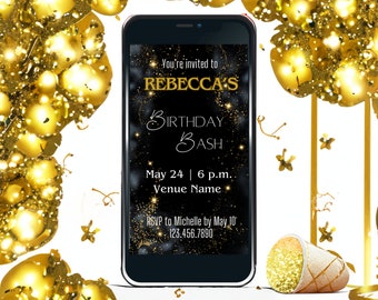 Invitación a la fiesta de cumpleaños de Gold Star, plantilla animada editable para invitación por teléfono, red social o correo electrónico