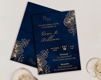 Elegante paquete de bodas en azul marino y dorado: descarga digital o impresión bajo demanda