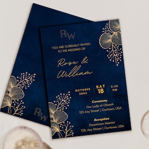 Mega pacote de casamento elegante em azul marinho e dourado - editável, salve a data, convide, cartão de resposta, números de mesa e mais download digital ou impressão sob demanda
