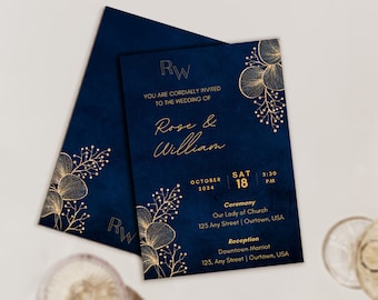 Elegante mega paquete de bodas en azul marino y dorado: editable guardar la fecha, invitación, tarjeta de respuesta, números de mesa + más descarga digital o impresión bajo demanda