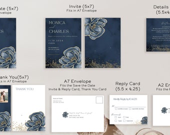 Paquete de boda floral azul marino y dorado: editable Guardar la fecha, invitación, tarjeta de respuesta, detalles + más descarga digital o impresión bajo demanda