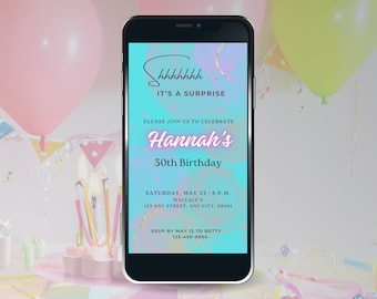Shhh moderno Es una invitación sorpresa a una fiesta de cumpleaños turquesa, plantilla animada editable para invitación por teléfono, redes sociales o correo electrónico, descarga instantánea