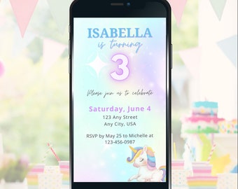 Cumpleaños de Unicorn Kids: invitación digital, plantilla animada editable para invitación por teléfono, red social o correo electrónico