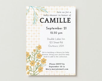 Invitación al baby shower amarillo con flores - Descarga digital o impresión bajo demanda