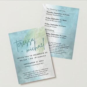 Pacote de casamento Destination Wedding Sea + Palms Script - convite editável, cartão de resposta, detalhes, download digital ou impressão sob demanda