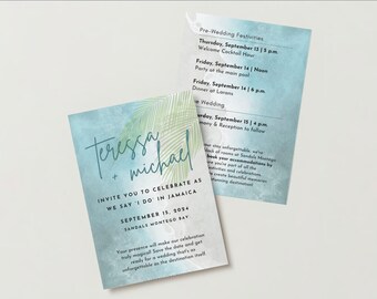 Paquete de boda Destination Wedding Sea + Palms Script - Invitación editable, tarjeta de respuesta, detalles Descarga digital o impresión bajo demanda