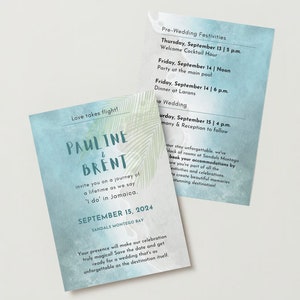 Pacote de casamento Destination Wedding Sea + Palms - Editável, salve a data, convide, cartão de resposta, detalhes, download digital ou impressão sob demanda