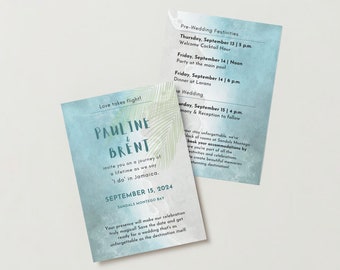Paquete de bodas Destination Wedding Sea + Palms - Editable Guardar la fecha, invitación, tarjeta de respuesta, detalles Descarga digital o impresión bajo demanda