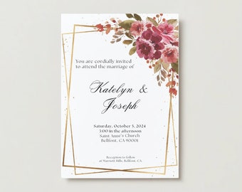 Invitación de boda otoñal granate y oro - Descarga digital o impresión bajo demanda