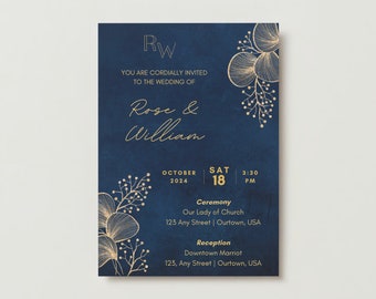 Invitación de boda azul marino y dorado - Descarga digital o impresión bajo demanda