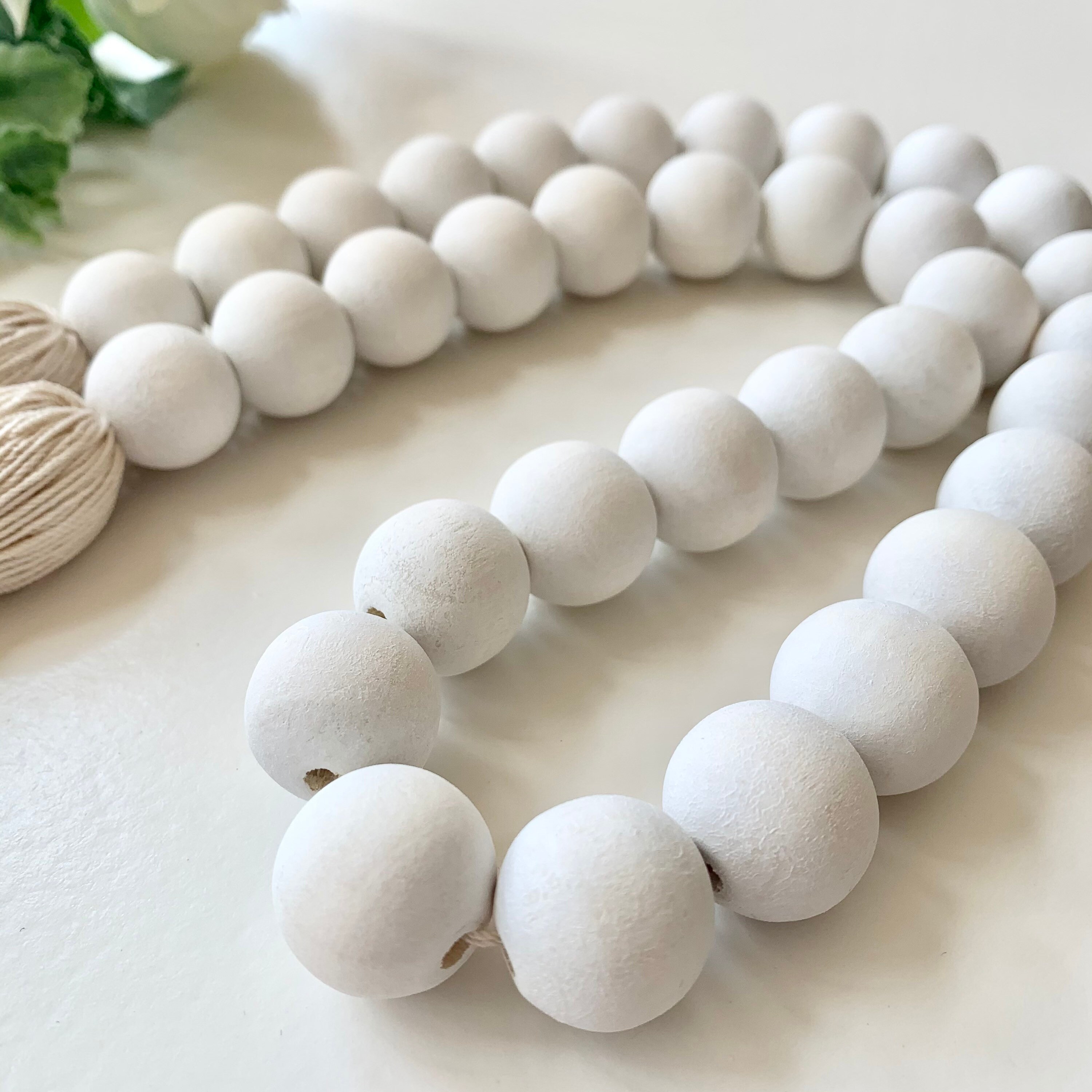 58-Inch Wood Bead Garland With Tassel | White Wooden Beads For Boho Farmhouse Decor | Rustic Wall Hanging For Living Room & Kitchen