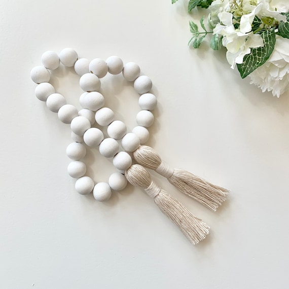 White Wood Bead Garland, Farmhouse Decor, Rustic Chic Decor Beads
