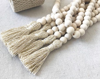 Wooden Bead Garland, Rustic Home Decor, Tassel Garland, Wood Garland, Country Decor, Minimalist Decor, Shelf Decor, Home Housewarming Gift