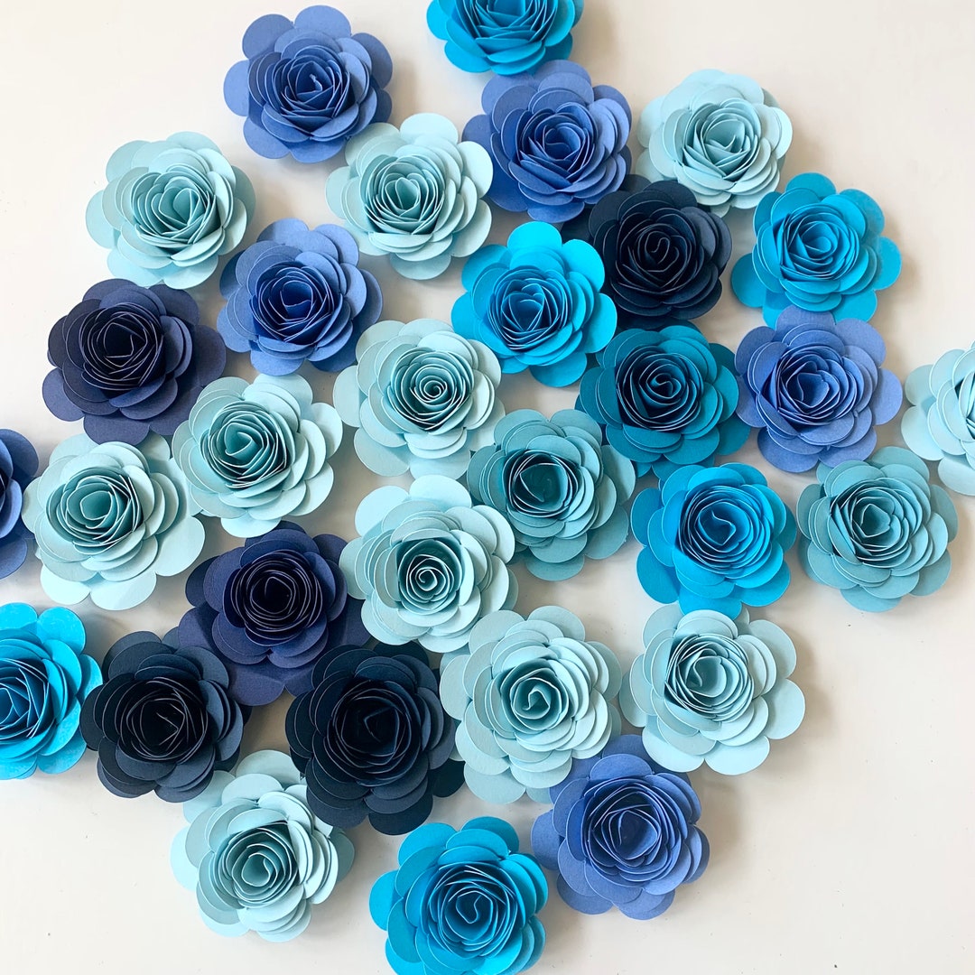Blue Paper Flowers, Set of Rolled Paper Flowers, Blue Baby Shower Decor