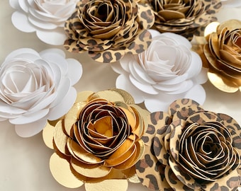 Leopard Party Decor, Leopard Birthday Decorations, Gold Paper Flowers, Leopard Print Party, Cheetah Party Decor, Leopard Print Baby Shower
