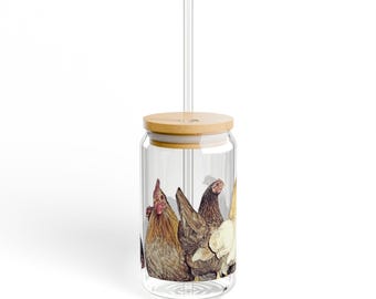 Farmyard Chickens Sipper Glass | 16oz Tempered Tumbler with Straw