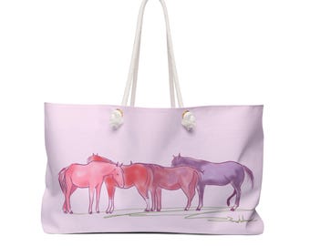 Pastel Horses Weekender bag | watercolor equine trio, pink purple weekend tote | Equestrian Gift