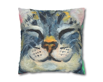 Smiling Feline  Oil Painted Spun Polyester Pillowcase | Square Decorative Pillow | Cat Pillow