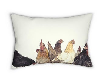 Row of Chickens Lumbar Pillow | Farmhouse Hen Illustration