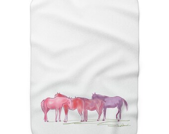 Watercolor Ponies Sherpa Blanket | Pastel Horse Fleece Throw | Girl Bedroom