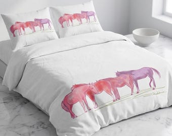 Watercolor Ponies Cotton Bed Set | Pink Purple Horse Bedding | girl room decor