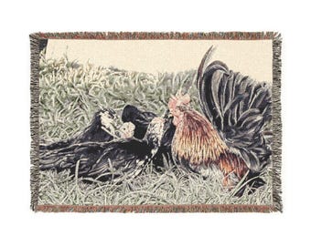 Serama Woven Blanket | Farmyard Chicken Tapestry Throw | Rooster Throw