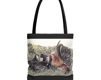 Rooster Chicks Farm Illustration Tote Bag | Country Pastoral Art Canvas Bag