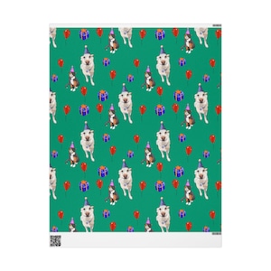 May include: Wrapping paper with a repeating pattern on a green background featuring white and brown dogs wearing purple party hats, blue gift boxes with orange ribbons, and red balloons. The design is evenly spaced across the entire surface.