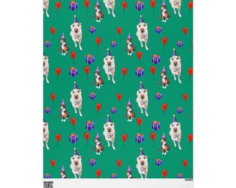 Party Dogs | Cats wrapping paper | festive balloons | Birthday | Green Gift Wrap | Calico | GSD