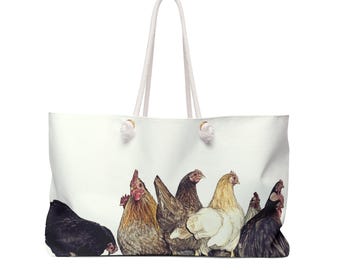 Farmyard Chickens Weekender Bag | Rooster Hen Illustration Tote