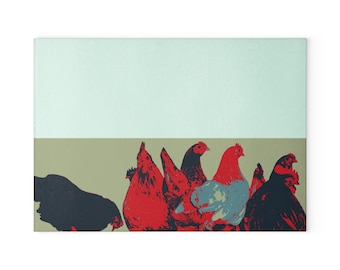 Pop Art Chickens Glass Cutting Board | Farmhouse Kitchen Decor | Retro Chickens