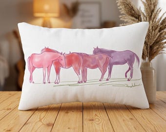 Watercolor Ponies lumbar pillow | Pink Purple equine art, farmhouse decor | kids room
