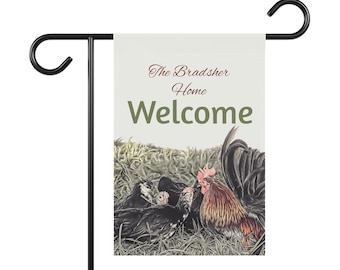 Rooster and Chicks Welcome Garden Flag | House Banner