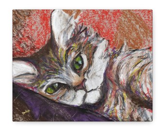 Green-Eyed Tabby Cat Portrait Canvas | Matte Stretched Canvas | kitten artwork