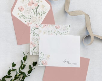 Blush Custom Flat Notecards | Floral Notecards Set | Flower Personal Stationery Set | Watercolor Thank You Cards | Stationary