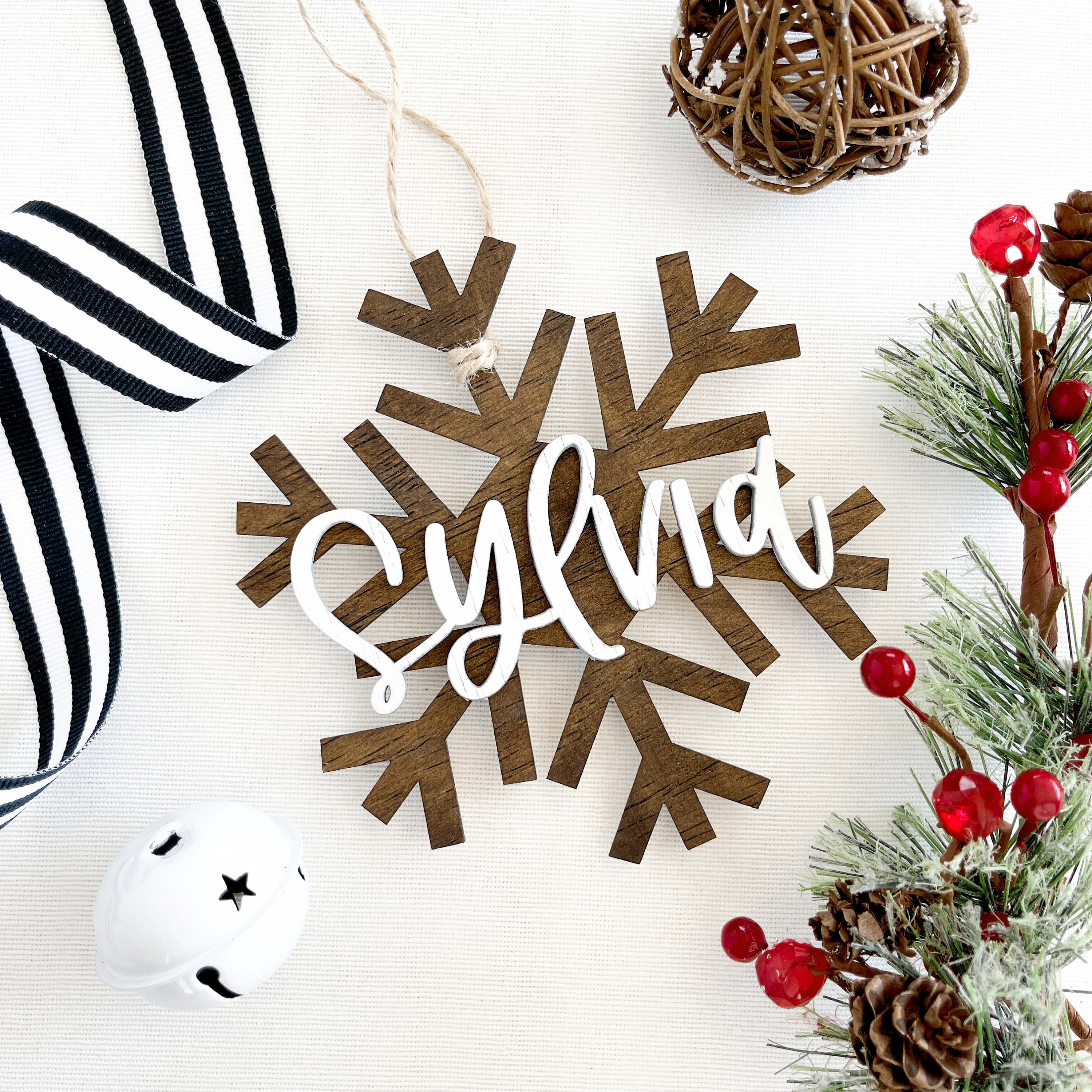 MDF wood LARGE Snowflake shaped Christmas tree ornament/decoration/gift tag 