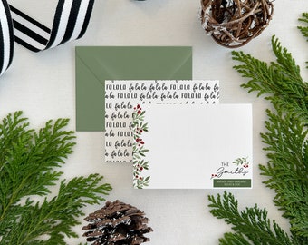 Green Mistletoe Flat Enclosure Cards Set | Christmas Stationery | Holiday Thank You Cards | Small Greeting Card | Stationery Set