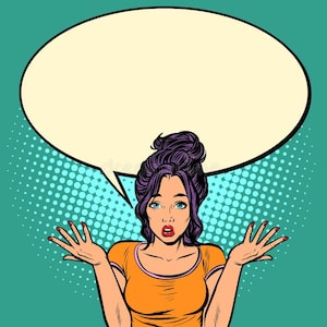 May include: A woman with purple hair and a surprised expression raises her hands in the air. A speech bubble above her head is empty.