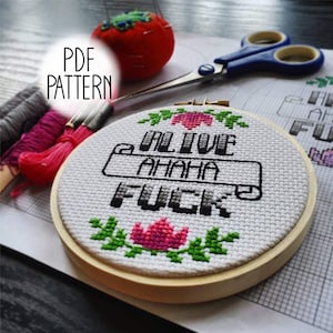 Patrón de punto de cruz "Alive Ahaha F*ck" de 4" / Diseño moderno sarcástico (Descarga PDF)