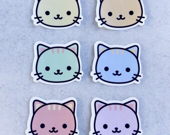 Meow Kitty Cat Waterproof Vinyl Stickers Pastel Rainbow Set of 6