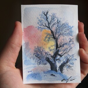 Aceo original art, Aceo Aquarell, Winterlandschaft, Baumkunst