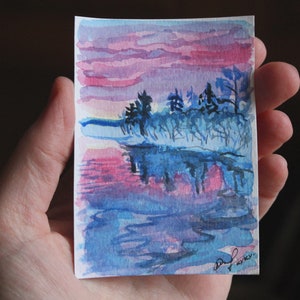Aceo originele kunst, Aceo aquarel, Waterlandschap, Winterlandschap, Kleine foto aanwezig, Uniek cadeau,