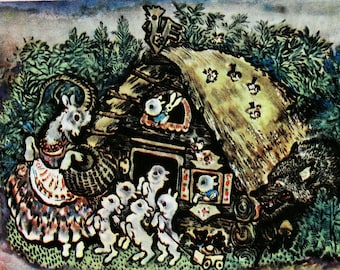 Varg och sju unga getter, vintage barnvykort, 1958, illustratör Yevgeny Charushin, roligt djurkonsttryck, present till sagoälskare