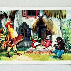 Dansende egel kikker muis haan, vintage ansichtkaart, 1955, illustrator P. Nosov, Teremok, Russisch volksverhaal, kinderfoto