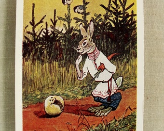 Hare och Kolobok, vintagevykort, 1956, konst av Evgeny Rachev, illustration av rysk folksaga, konsttryck av sagoälskare