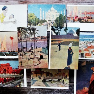 Lot de 10 cartes postales vintage de voyage en Asie, peinture de voyage, 1962, impression d'art d'Asie, ce que nous avons vu à l'étranger, artistes soviétiques en Asie