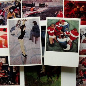 Sportmalerei, Vintage-Postkarten, 13er-Set, 1980, Sportler, Fußball, Hockey, Wettkampf, Gymnastik, Radfahrer, Reiten, Kunstdruck
